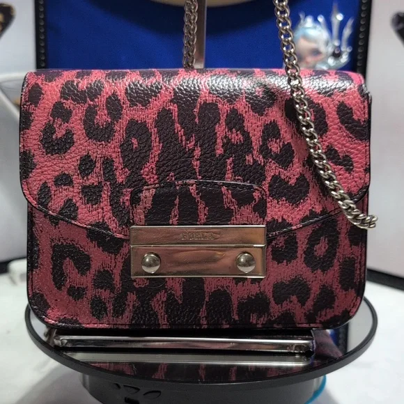 Furla Julia Mini Pink And Black Leopard Printed Leather Clutch/Crossbody 🔥 - Picture 1 of 14